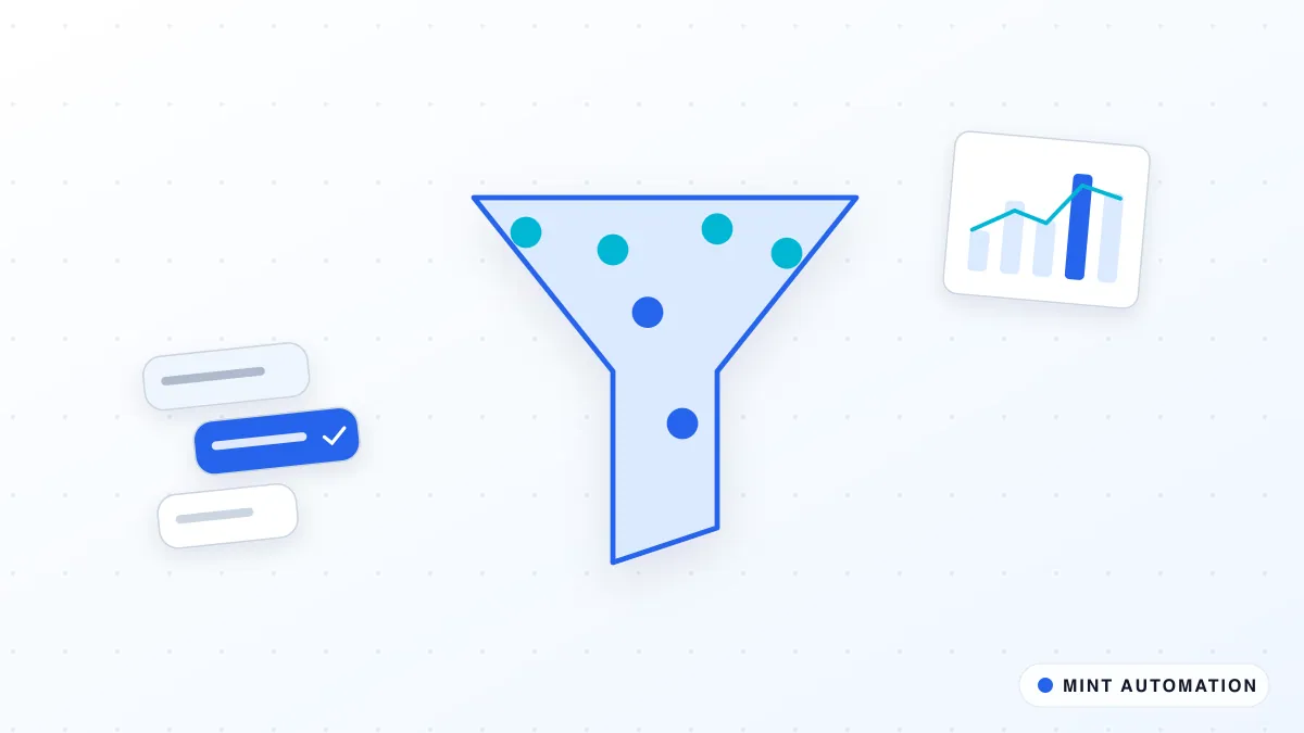 Illustration centred on a sales funnel, with chat messages alongside, with MINT Automation branding.