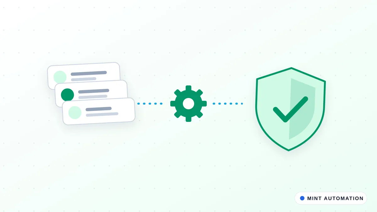 Illustration of CRM contact cards passing through an automation gear into a security shield, with MINT Automation branding.