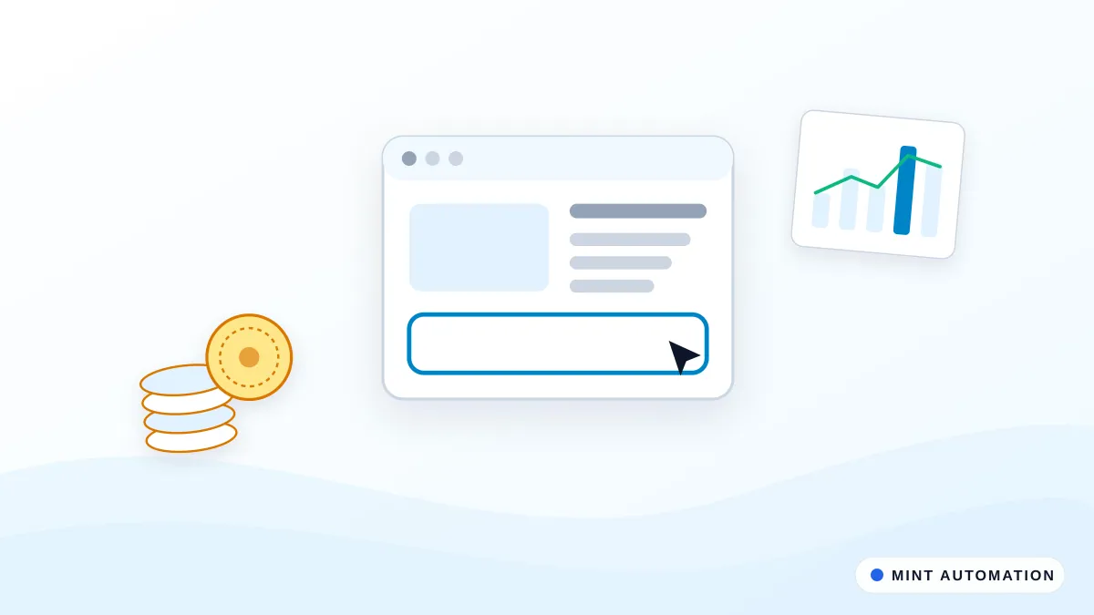 Illustration centred on a web portal in a browser window, with a stack of coins alongside, with MINT Automation branding.