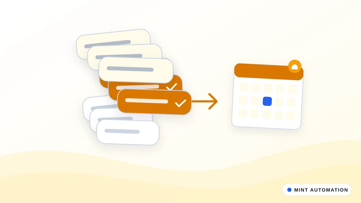 Illustration of a neat stack of chat messages feeding into a booking calendar, with MINT Automation branding.